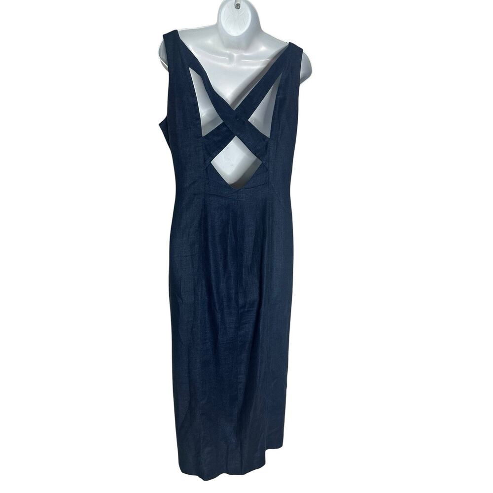 Vtg 90s Navy Blue 100% Linen Maxi Dress Button Front Open Back Resort Coastal 14 - Picture 6 of 15